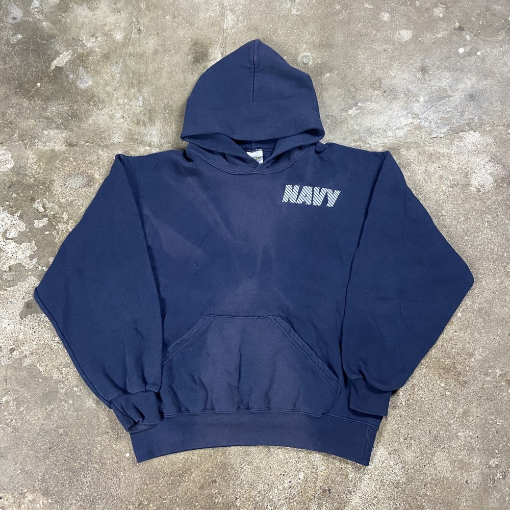 Vintage 90s Navy Physical Training Sweatshirt Size Medium Blue Faded Hoodie